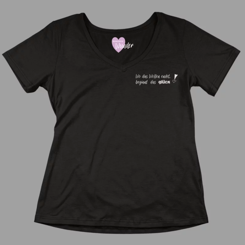 Damen V-Ausschnitt T-Shirt "Wo das Wollen endet, beginnt das Glück!"