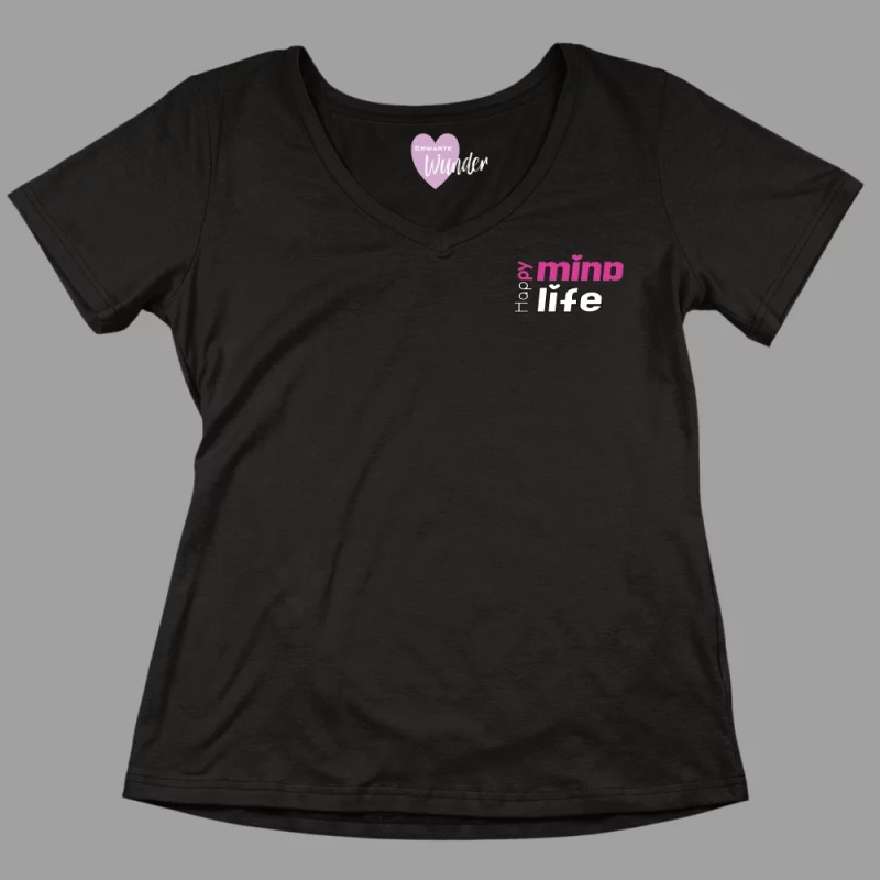 Damen V-Ausschnitt T-Shirt "Happy Mind, Happy Life"
